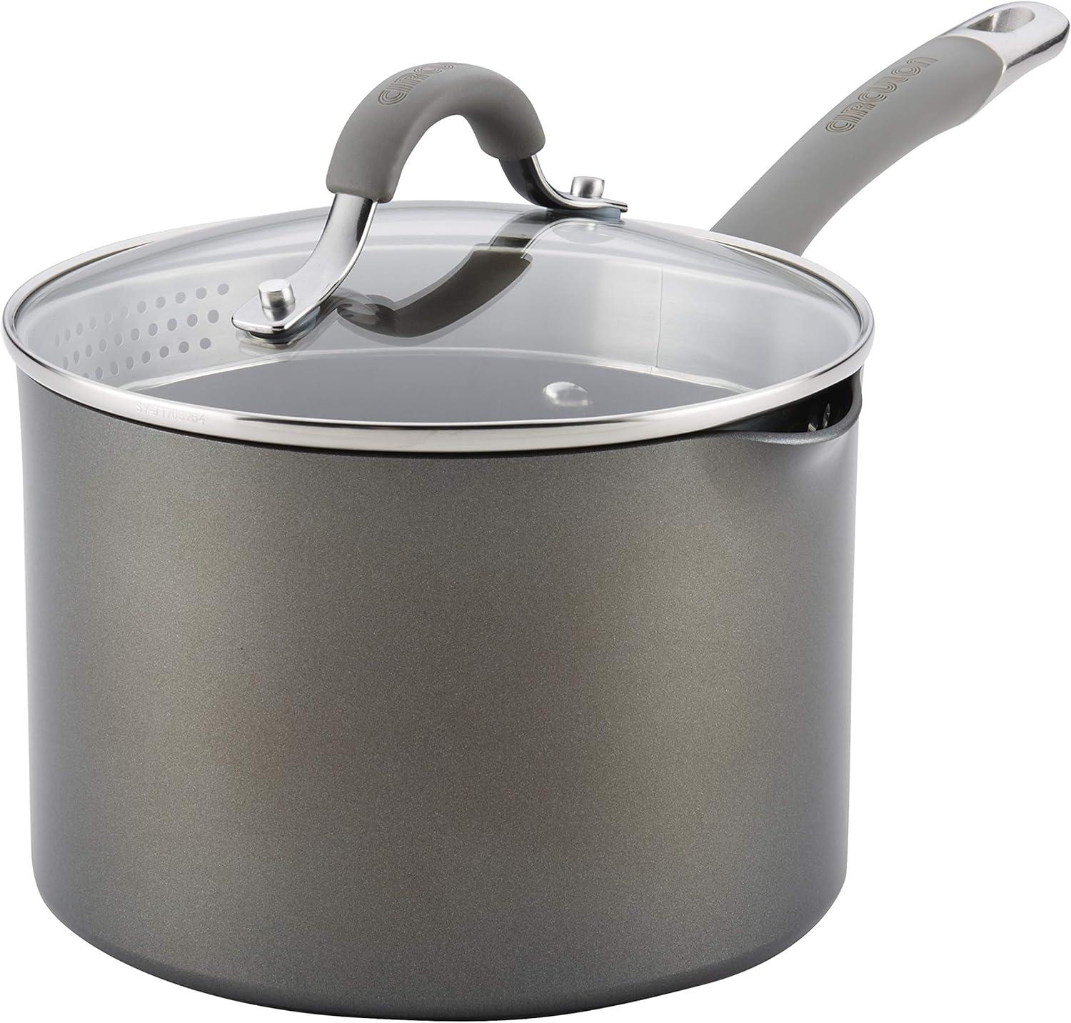 Circulon Elementum Hard-Anodized Nonstick Straining Sauce Pan with Lid, 3-Quart, Oyster Gray