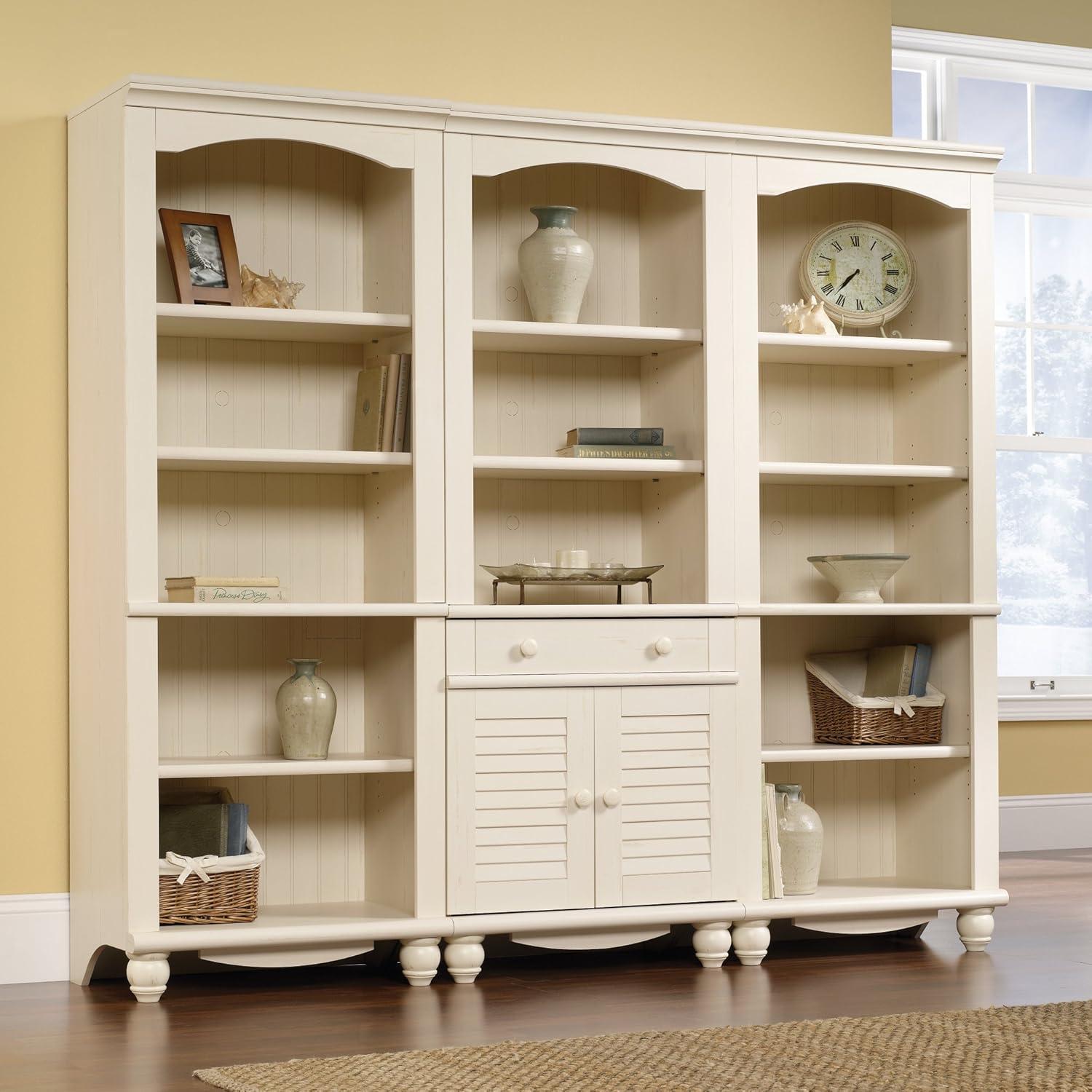 Harbor View Antiqued White 72" Cottage-Style Library Bookcase with Drawers