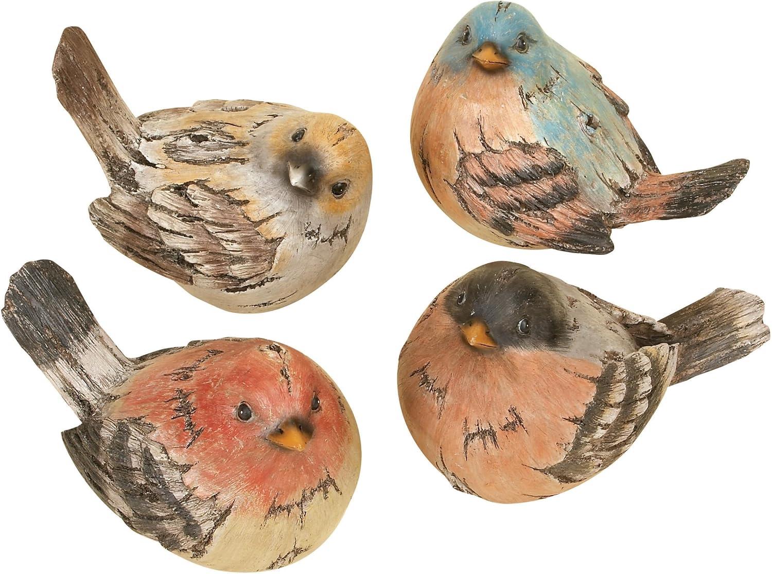 Set of Four Multi Colored Weathered Wood Bird Statues