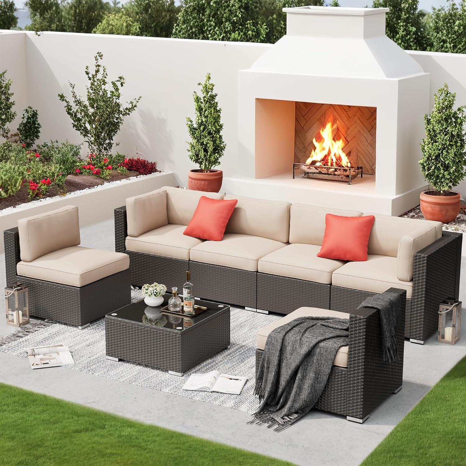 6-Person Brown Wicker Outdoor Sectional Sofa with Glass Table