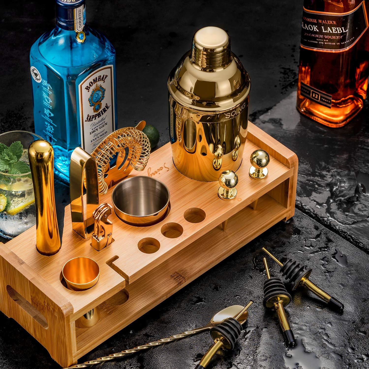Soing Gold 24-Piece Cocktail Shaker Set,Perfect Home Bartending Kit for Drink Mixing,Stainless Steel Bar Tools with Stand,Velvet Carry Bag & Recipes Included