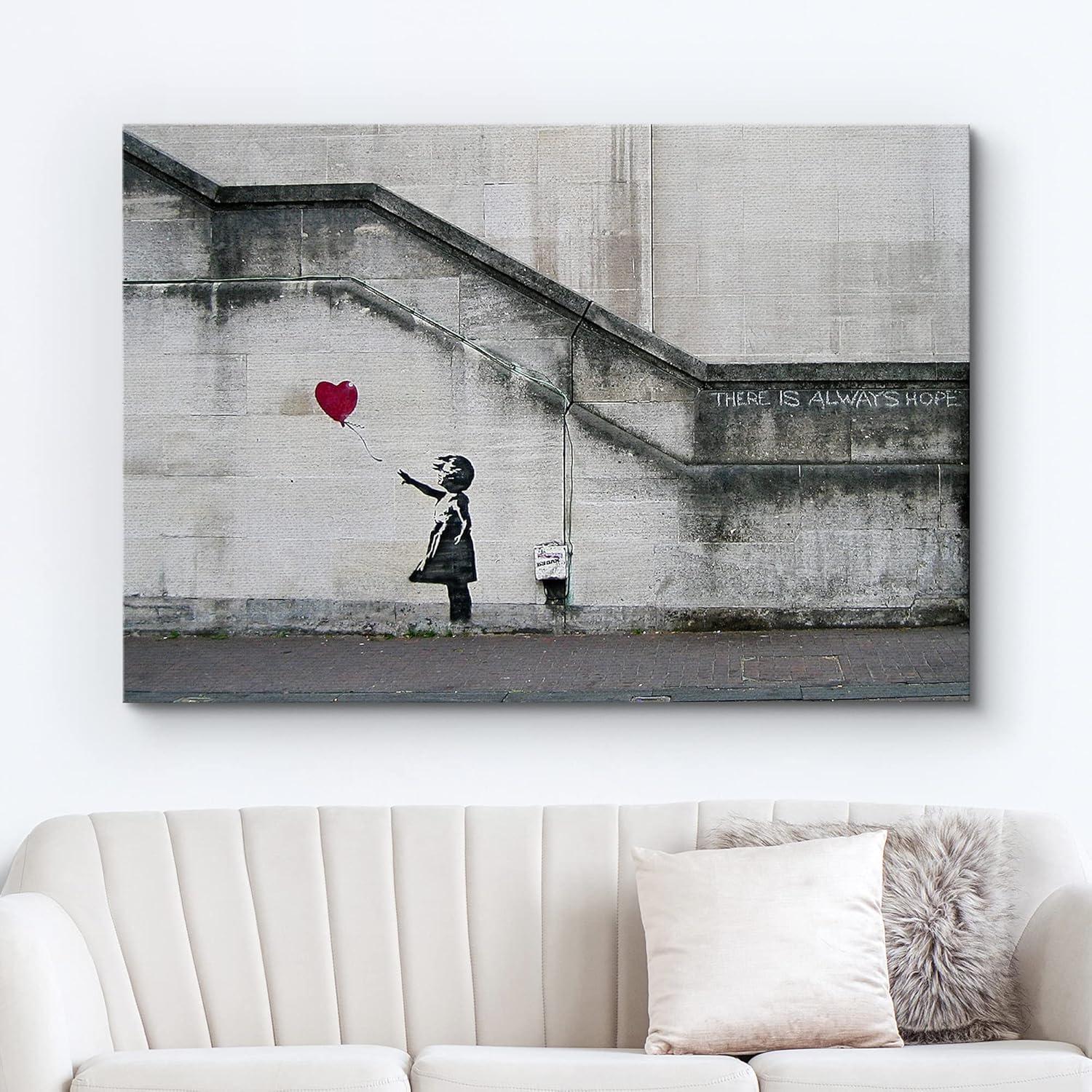 wall26 Canvas Print Wall Art Banksy There is Always Hope Girl with Balloon Graffiti & Street Art Pop Culture Illustrations Pop Art Bohemian Multicolor Dark for Living Room, Bedroom, Office - 12&q