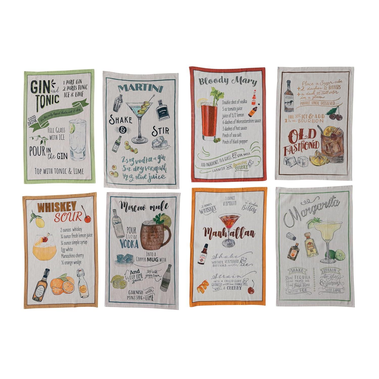 Creative Co-Op Cotton Printed Tea Towel with Cocktail Recipe Prints, Multicolor, Set of 8