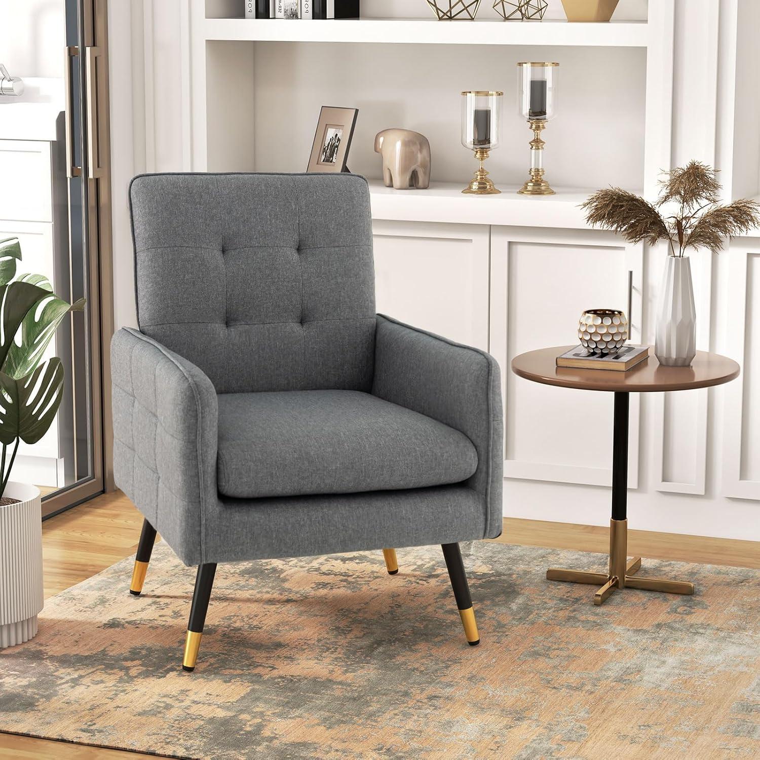 Gymax 2 Pieces Accent Chair Upholstered Armchair w/ Tufted Back & Metal Legs Gray