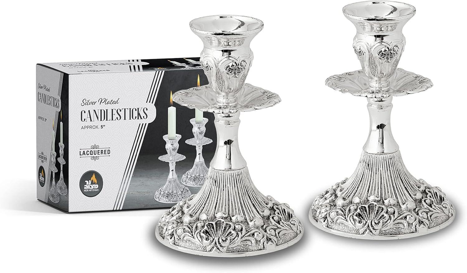 Ner Mitzvah, 5" Silver Plated Candle Stick - Contemporary (2 Pack)