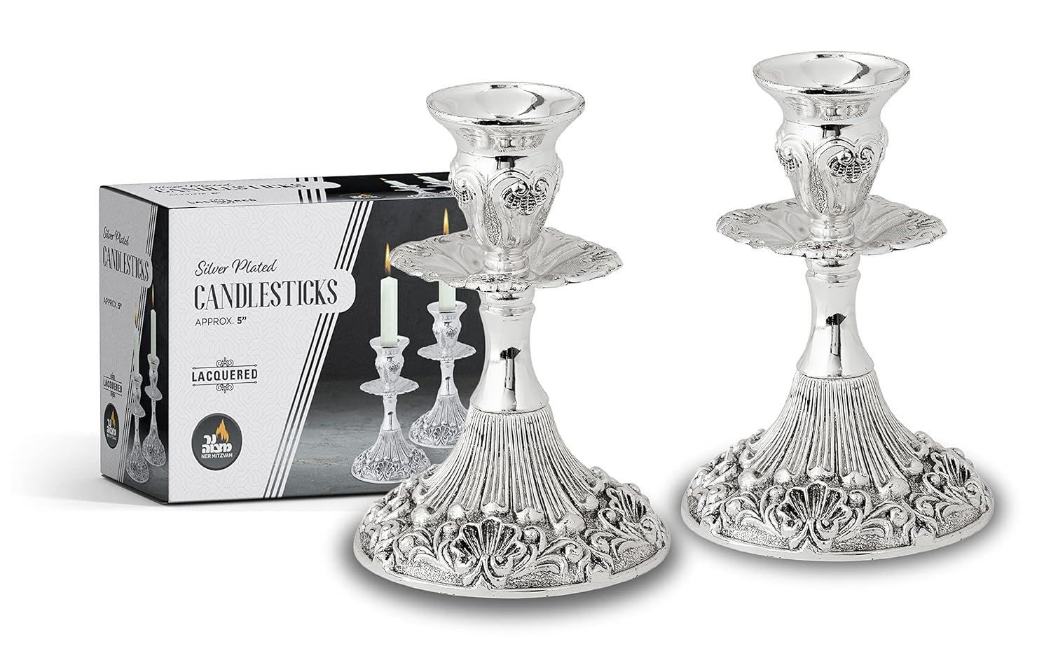 Ner Mitzvah, 5" Silver Plated Candle Stick - Contemporary (2 Pack)