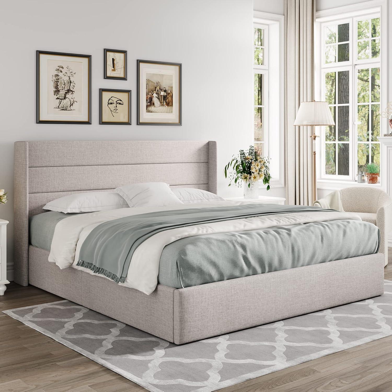 King Size Light Beige Upholstered Storage Bed with Wingback Headboard