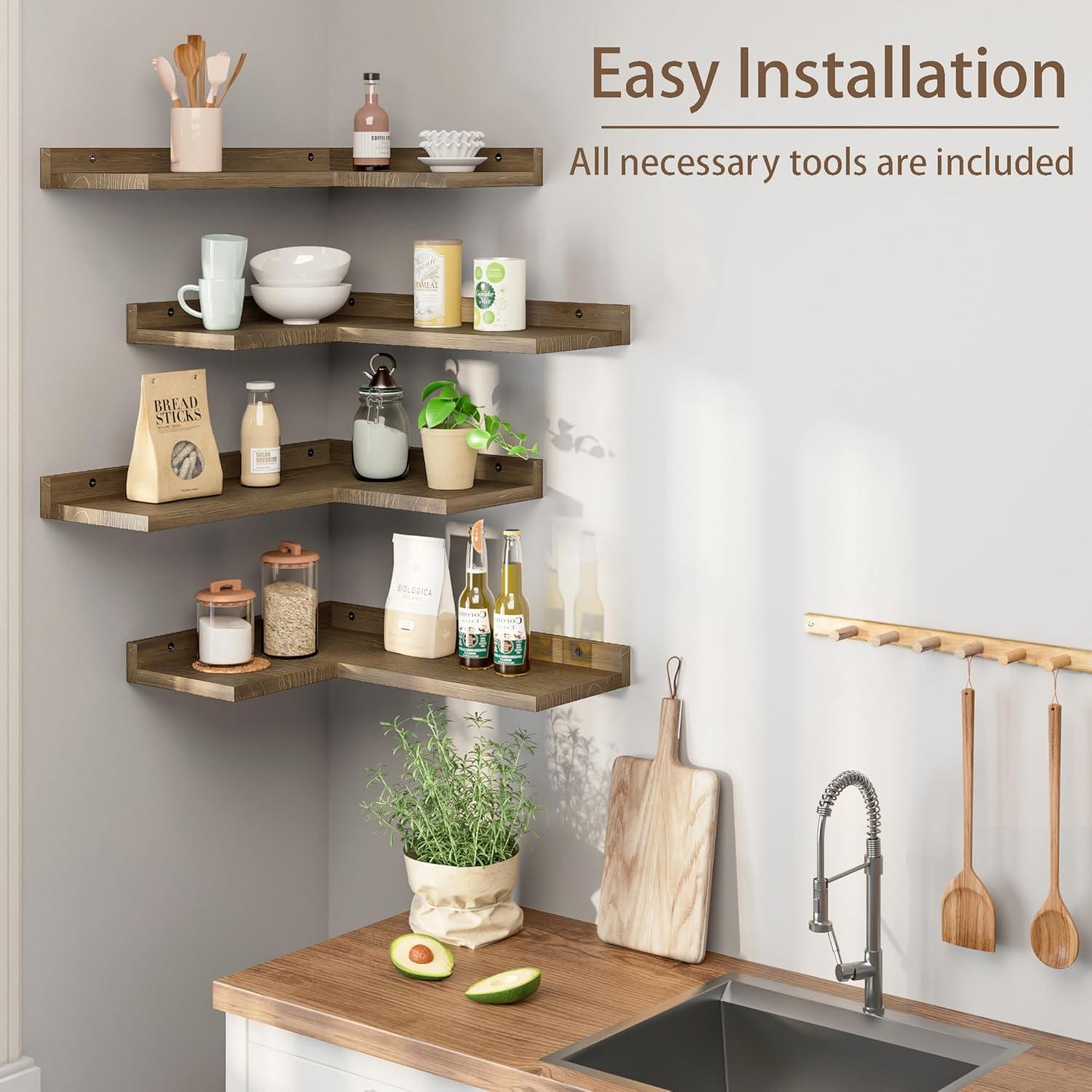 Floating Corner Shelves Set of 4, Rustic Pine Wooden Floating Corner Wall Shelf for Wall Décor Storage, L Shaped Corner Shelf Wall Mount For Bedroom, Living Room, Bathroom, Kitchen, Light Brown