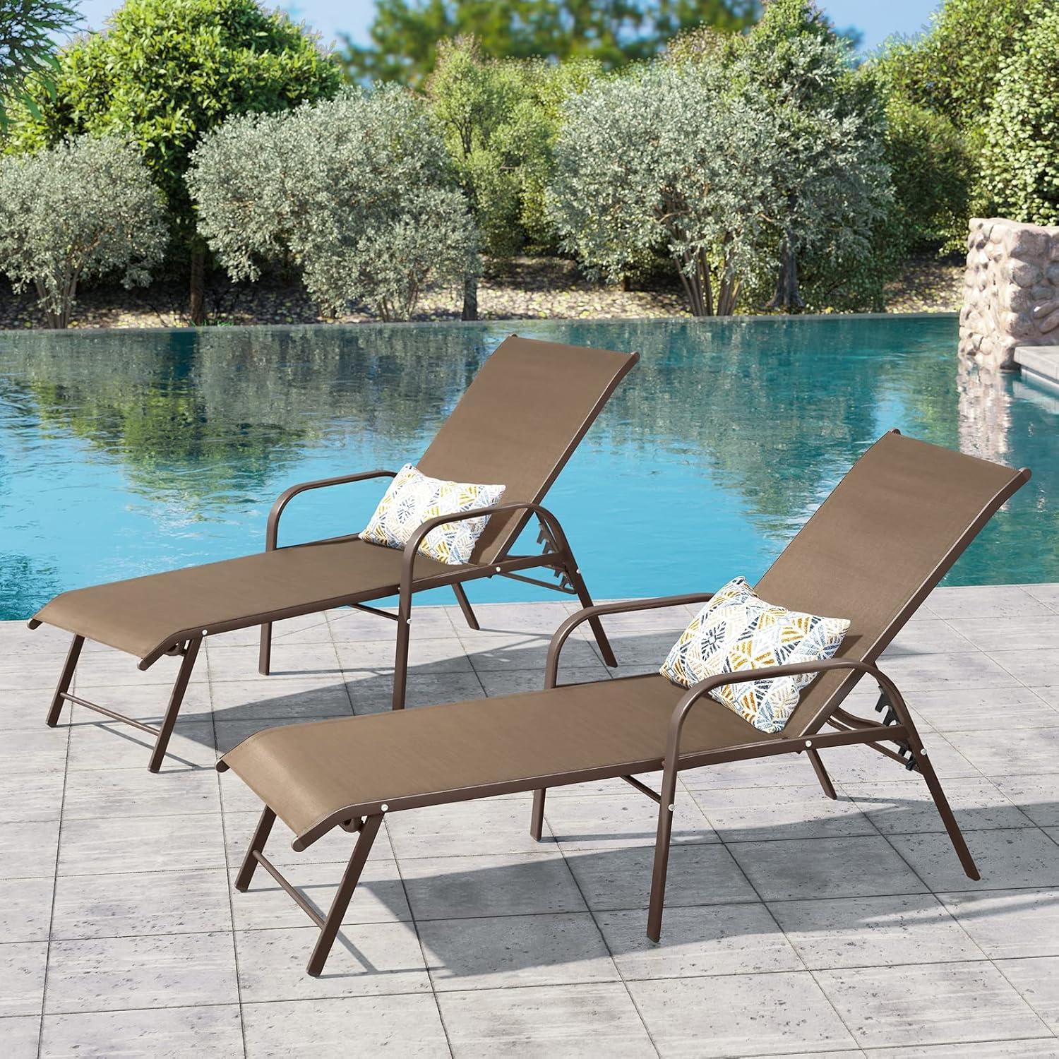 Crestlive Products Set of 2 Aluminum Patio Chaise Lounge Chairs Outdoor Recliners, Brown