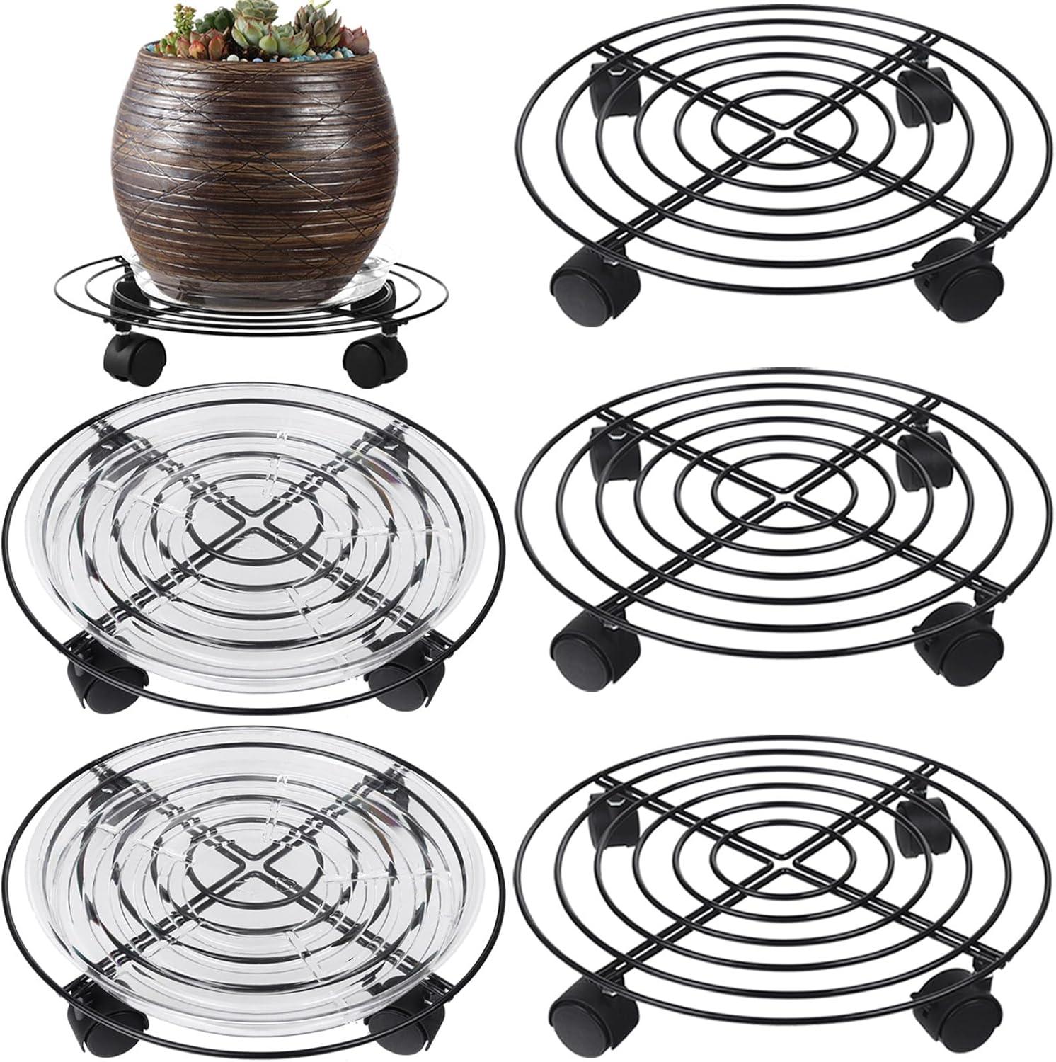 5 Packs Large Metal Plant Caddy 13.8” Plant Dolly with Wheels Heavy-Duty Wrought Iron Rolling Plant Stand with Casters for Indoor and Outdoor Plant Pot Rollers Black, Plastic Saucers Included