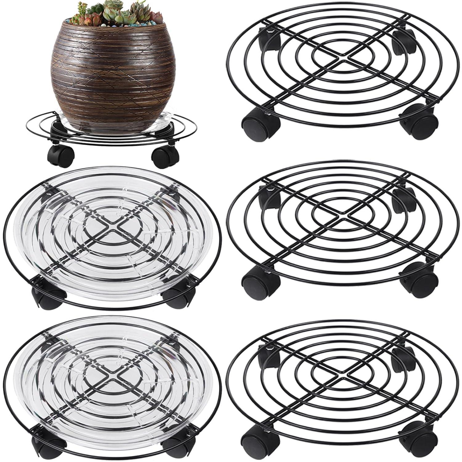 5 Packs Large Metal Plant Caddy 13.8” Plant Dolly with Wheels Heavy-Duty Wrought Iron Rolling Plant Stand with Casters for Indoor and Outdoor Plant Pot Rollers Black, Plastic Saucers Included