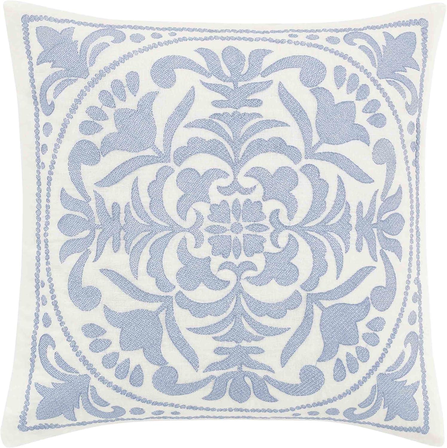 Blue Embroidered Floral Square Throw Pillow