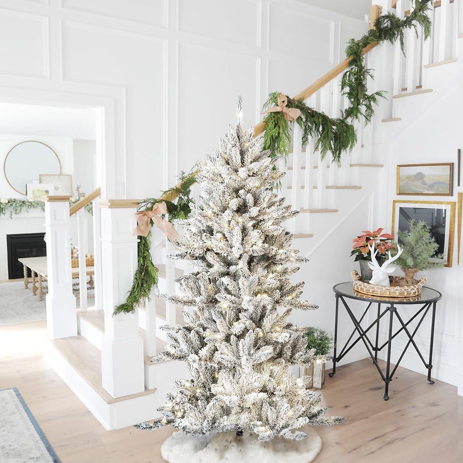 Glitz Design Glitzhome 6ft Pre-Lit Flocked Slim Fir Artificial Christmas Tree with 300 Warm White