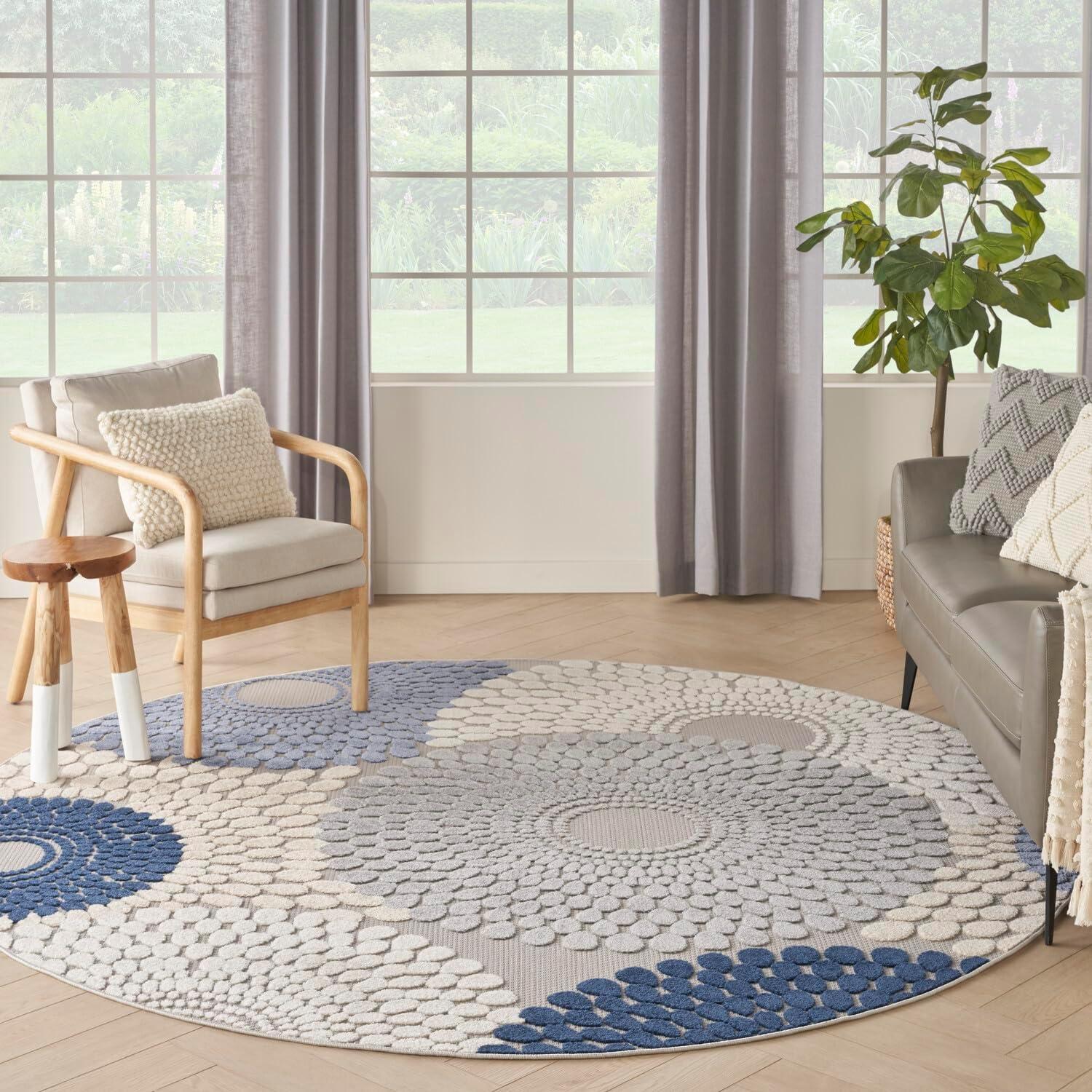 Nourison Aloha 7'10" Round Blue Grey Geometric Synthetic Rug