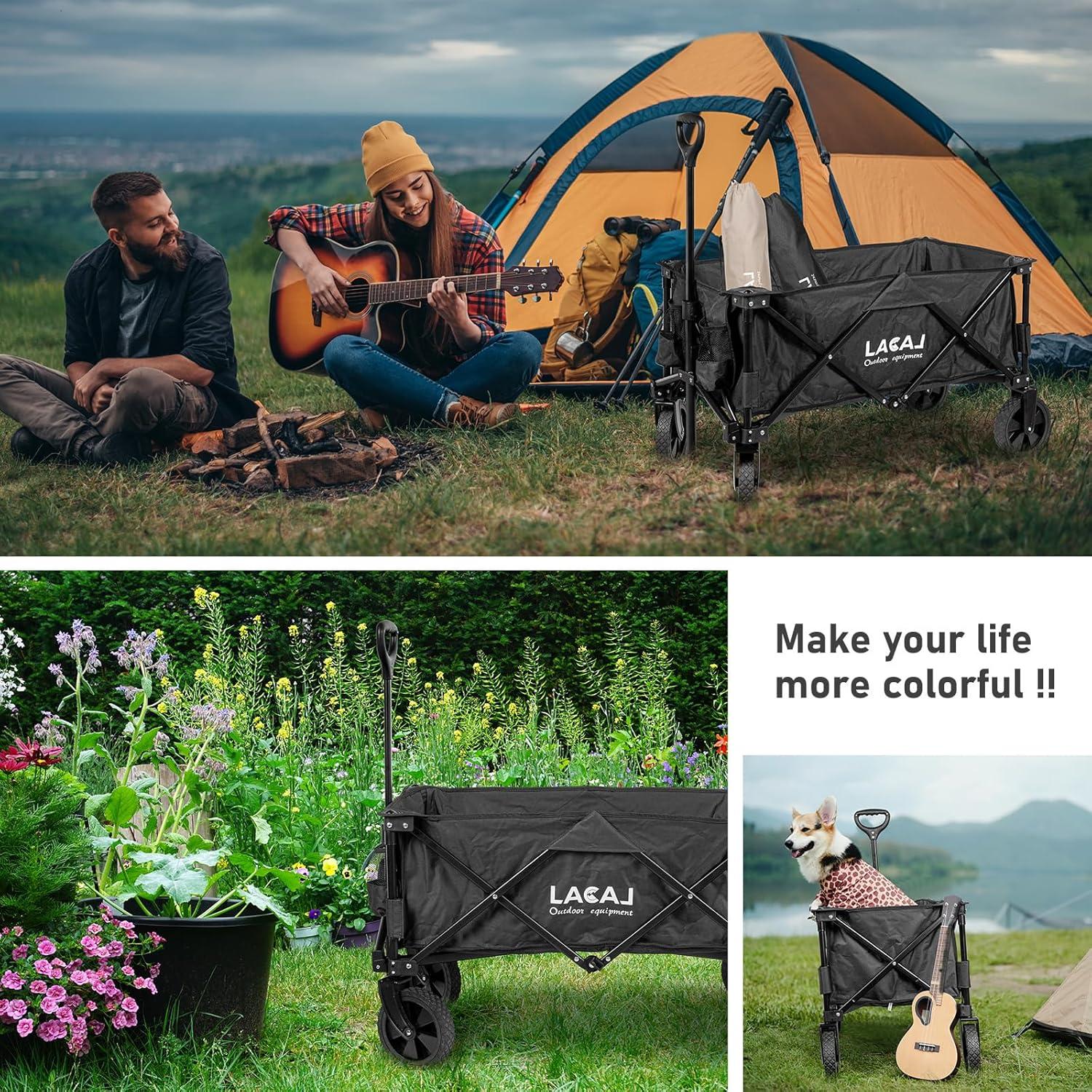 Folding Wagon Cart Heavy Duty Collapsible Utility Wagon Outdoor Camping Garden Cart with Universal Wheels for Camping, Sports, Shopping (All Black)