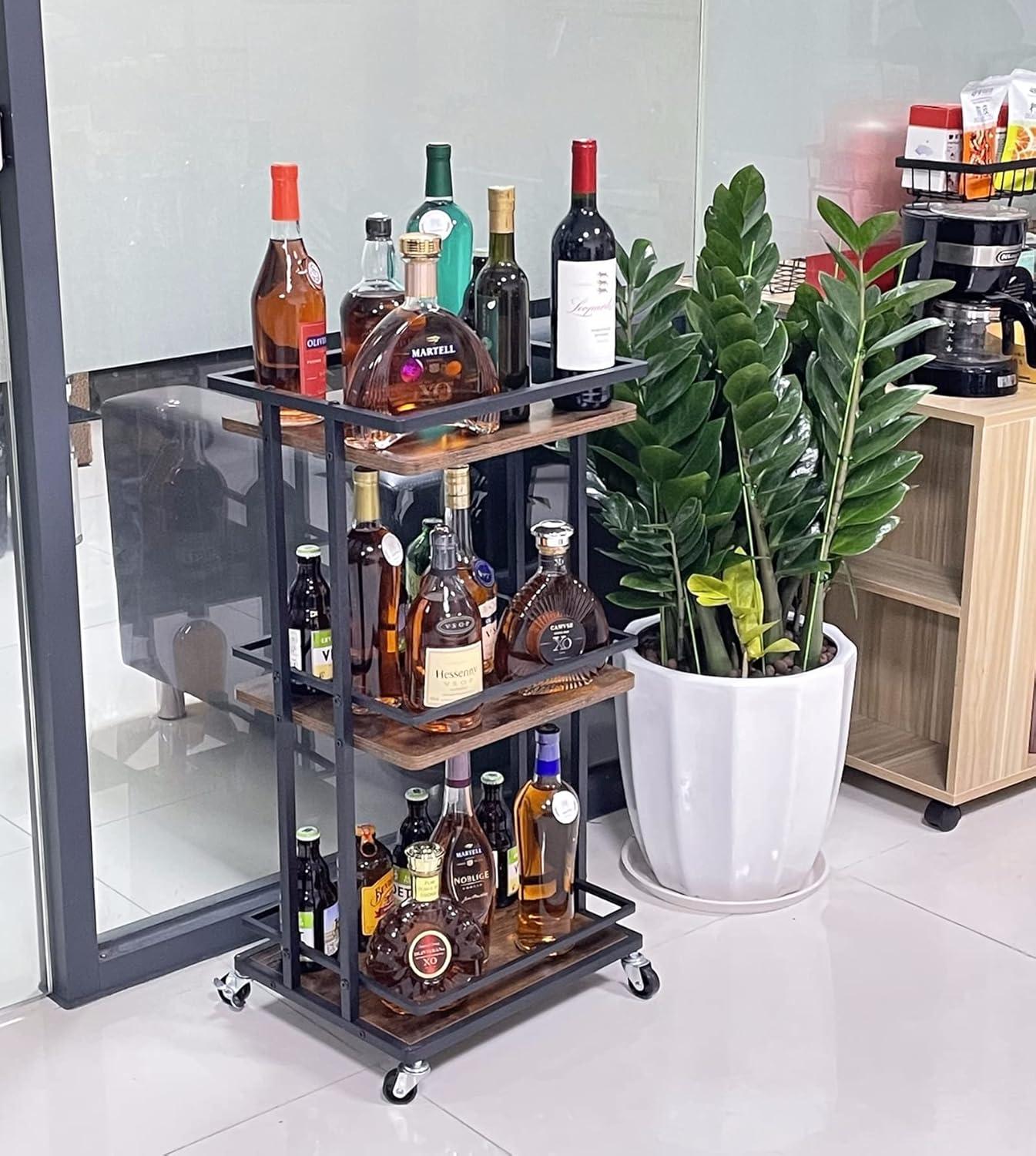 3 Tier Bar Cart for Home, Rolling Mini Liquor Bar Cabinet with Wine Rack and Glass Holder, Home Bar Serving Cart on Wheels for Dinner Party Wine Alcohol Drink, Bar Stand for Living Room Kitchen