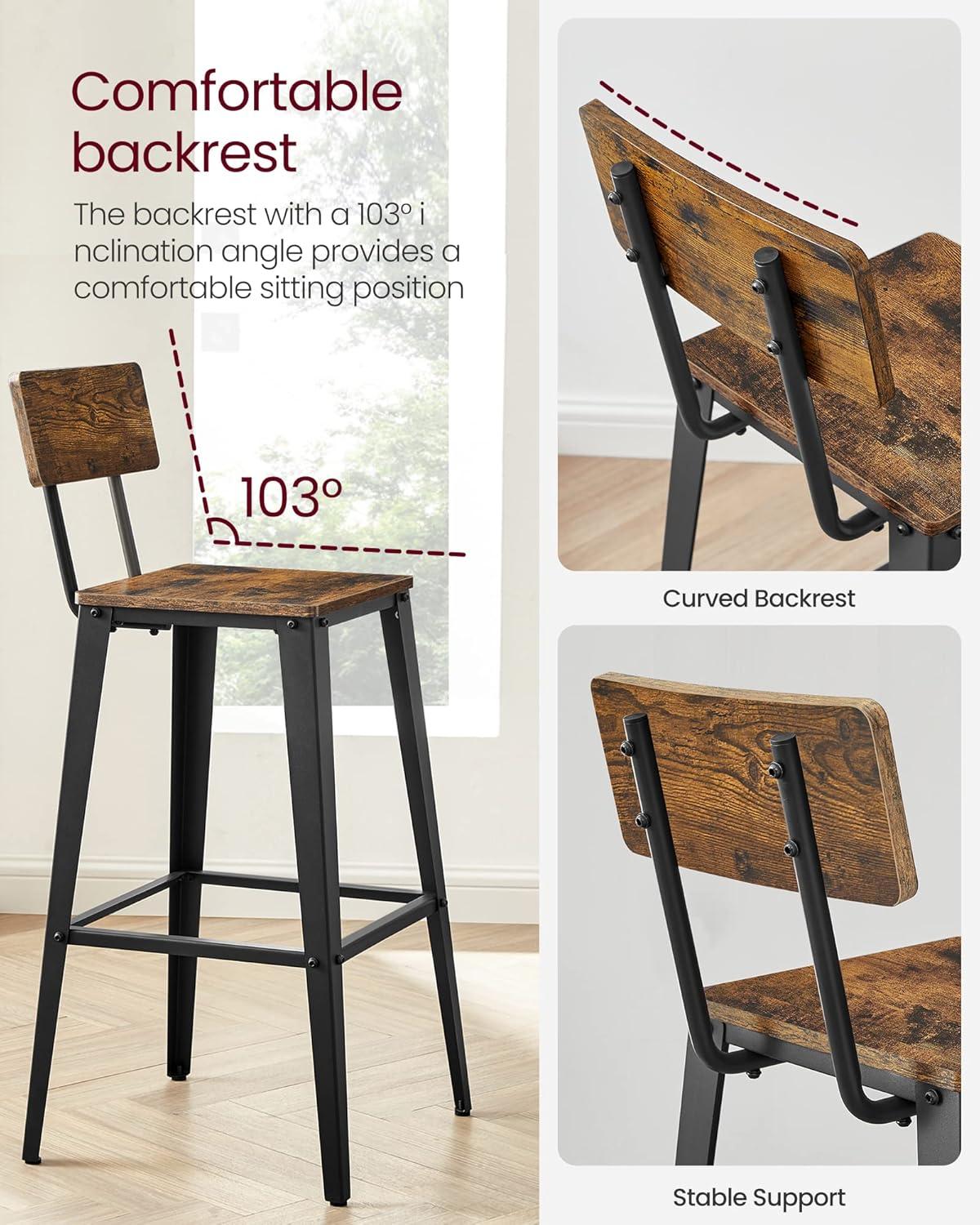 VASAGLE 2 Pack Bar Stools, Bar Height Stools, Tall Bar Stools with Back, Rustic Brown and Black