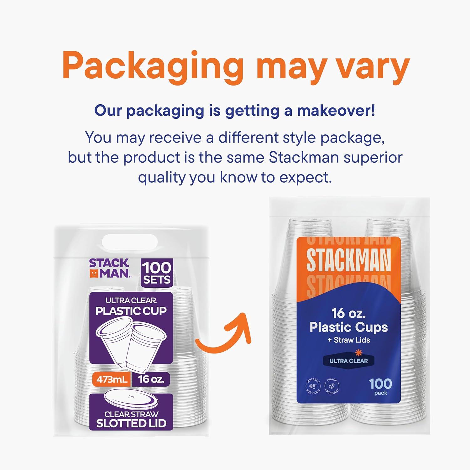 Stack Man Clear Plastic Cups with Lids 12 oz [100 Sets] Disposable Iced Coffee Cups with Straw Lids
