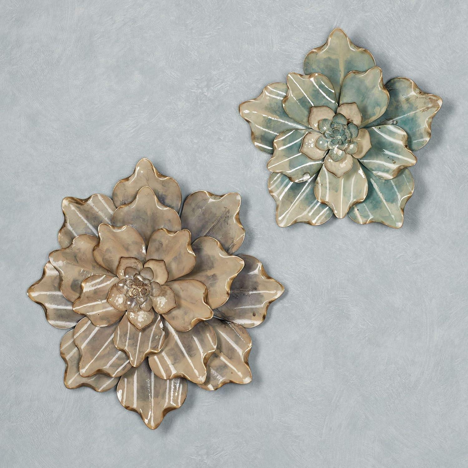 Aqua and Blue Metal Floral Wall Art Set with Gold Accents