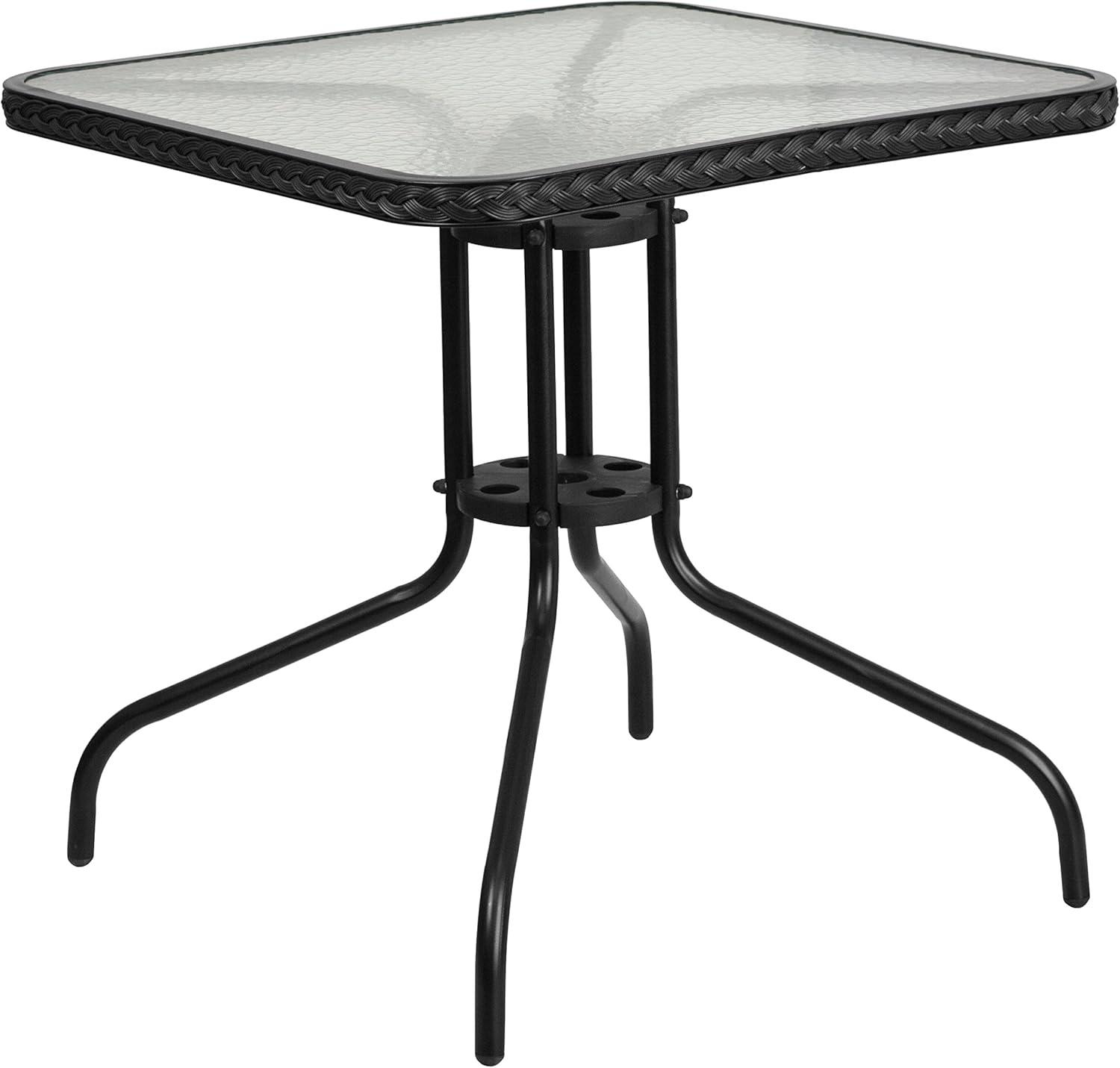 Emma and Oliver 28" Square Tempered Glass Metal Table with Rattan Edging