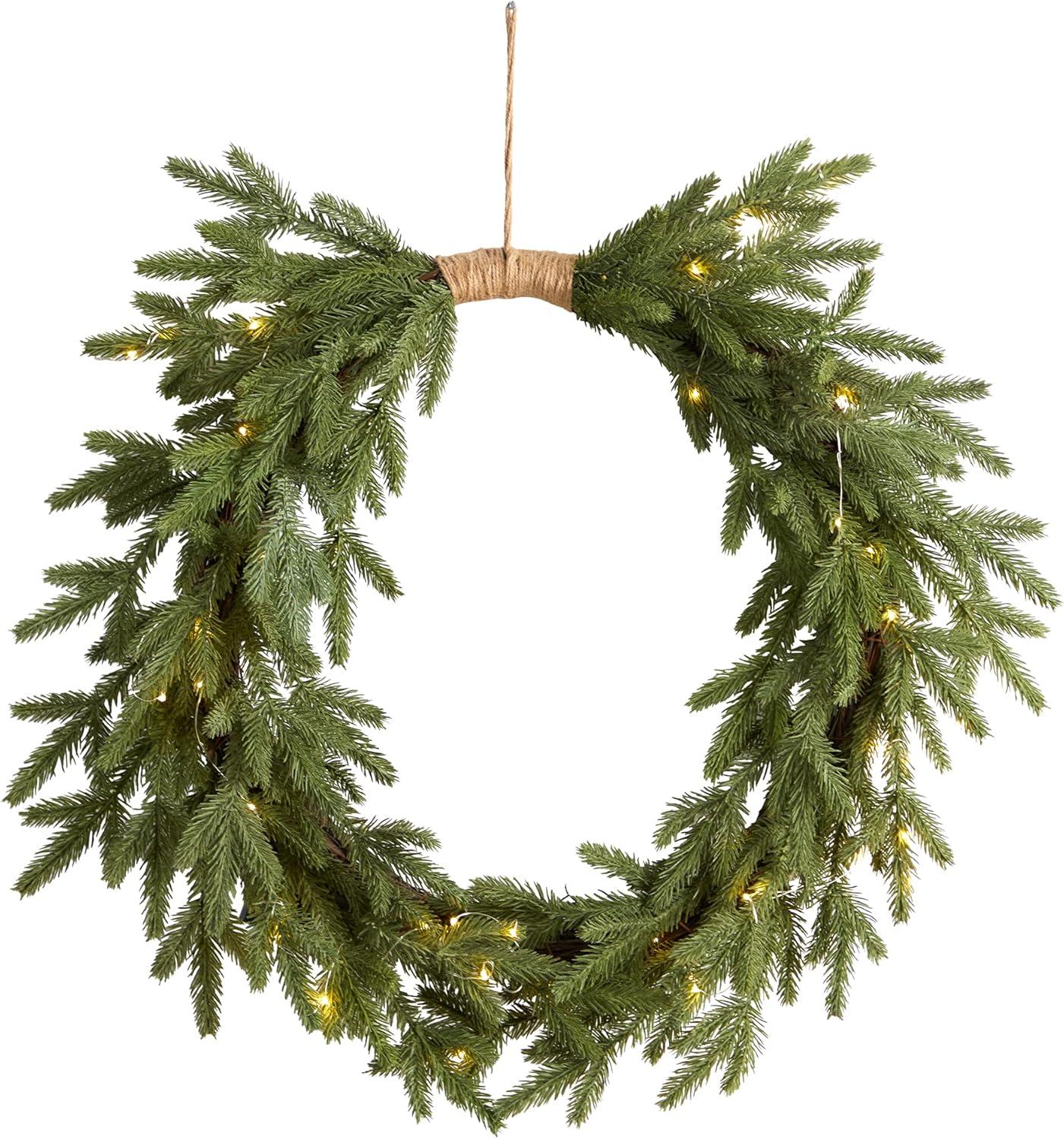 Nearly Natural 24" Pre-lit LED Cascading Pine Artificial Christmas Wreath Green with Warm White Lights: Door Decor, Indoor Use