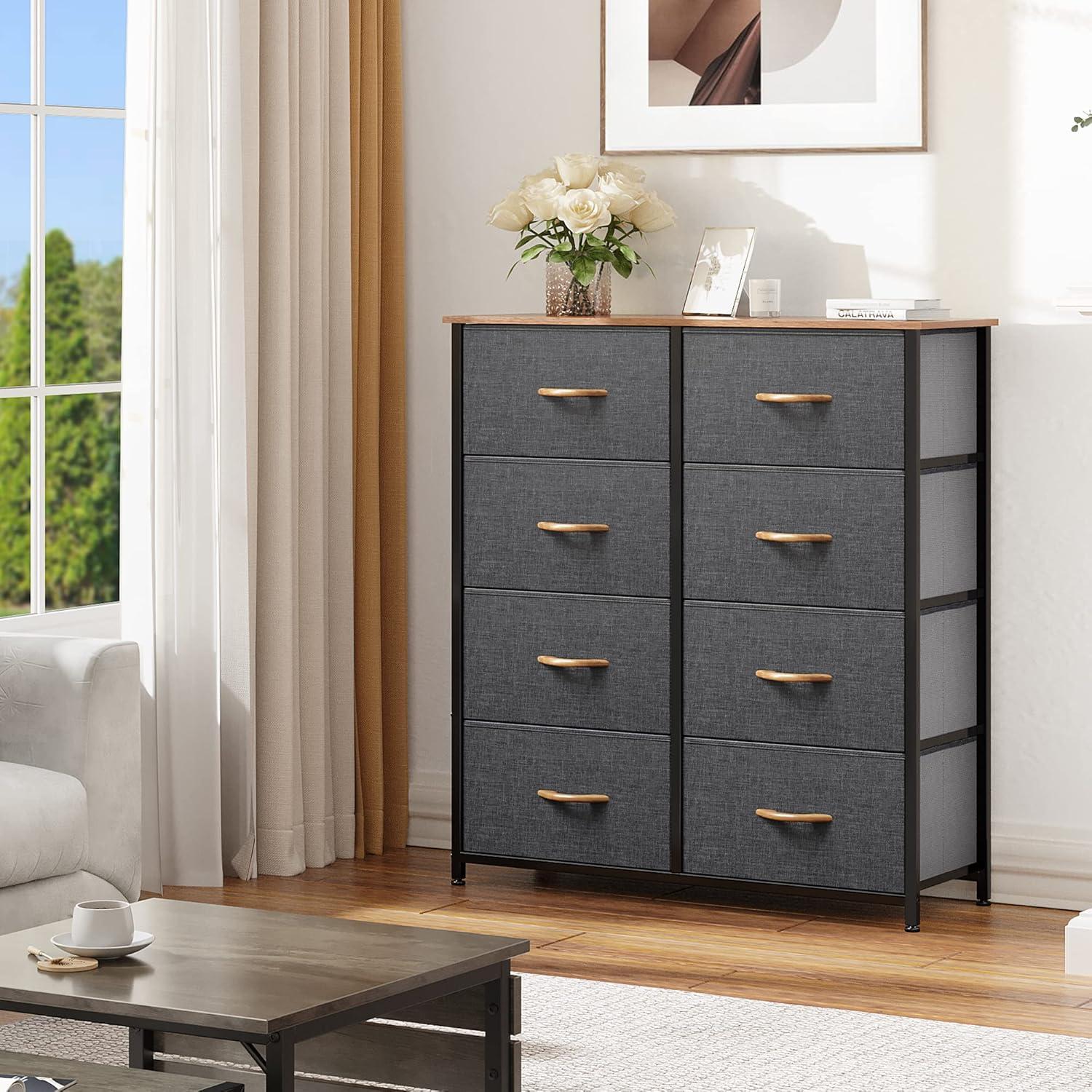 8-Drawer Fabric Dresser with Sturdy Steel Frame and Wooden Top, Tall Double Dresser for Bedroom, Closet, or Living Room, Easy-Pull Handles for Convenient Storage