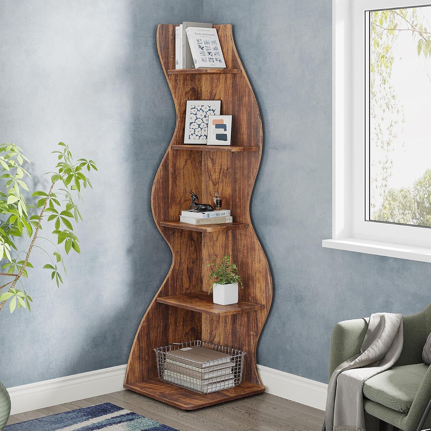 Arhab Brown 5-Tier Wave Corner Bookcase