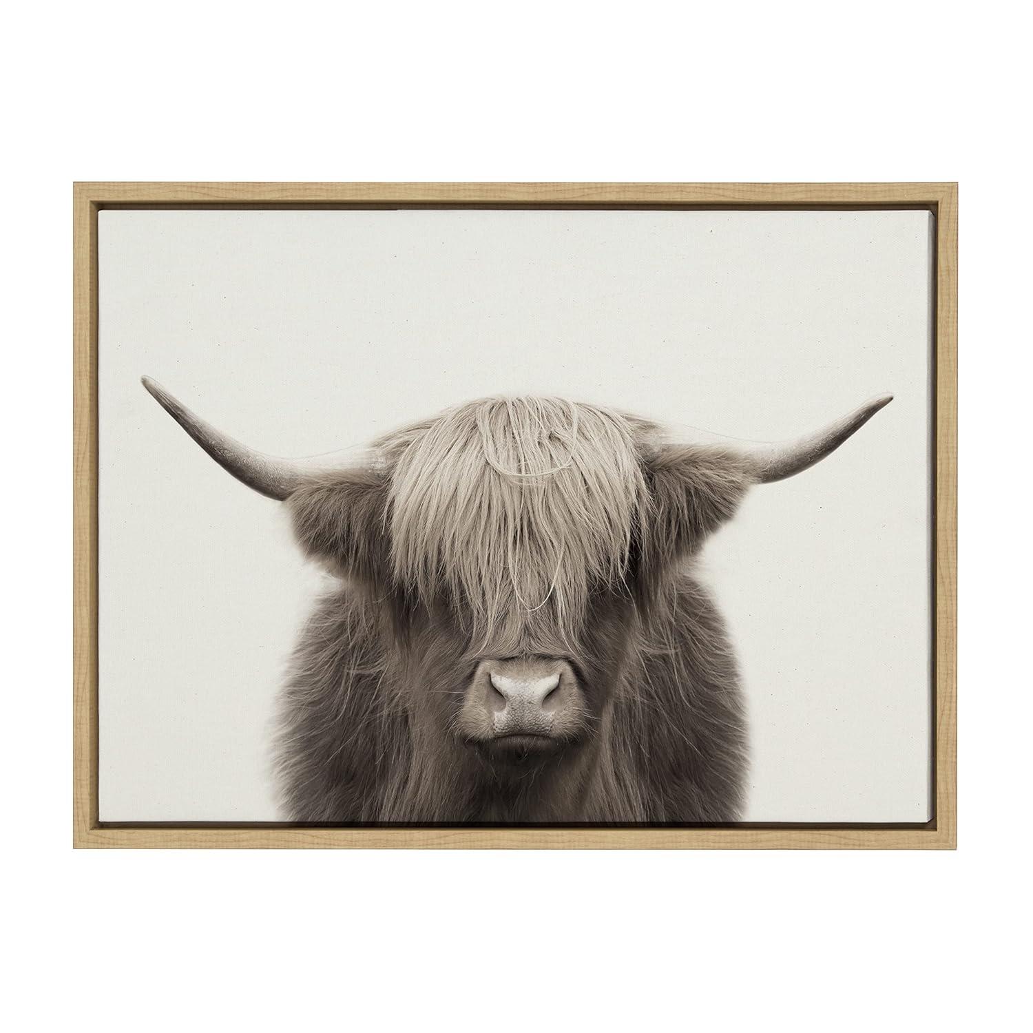 Kate and Laurel Sylvie Hey Dude Highland Cow Color Framed Canvas by The Creative Bunch Studio, 18x24, Natural