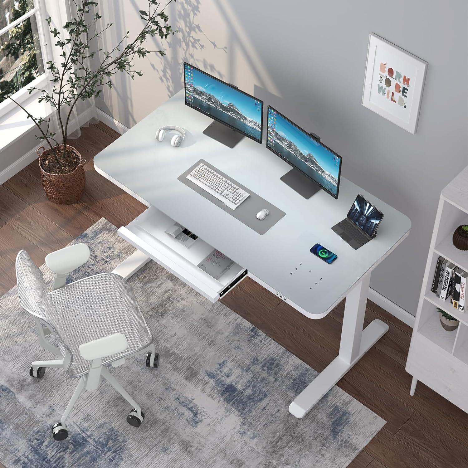 White Adjustable Height Standing Desk with Glass Top and Drawer