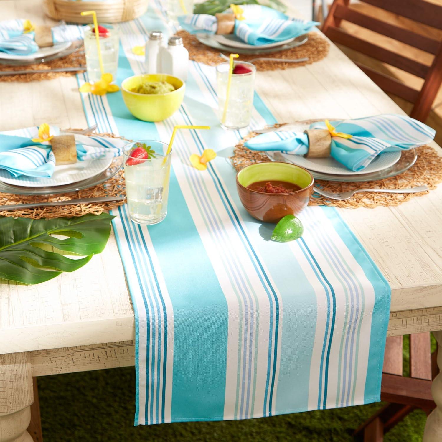 Aqua and White Striped Polyester Table Runner, 14x72