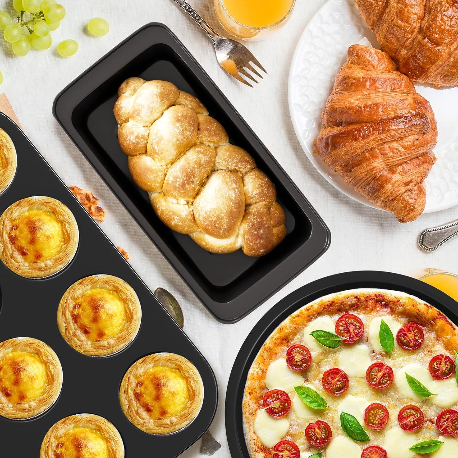 Baking Pans Set, 5-Piece Nonstick Bakeware Sets with Round/Square Cake Pan, Muffin Loaf Roast Pan, Baking Sheets for Oven, Kitchen Cookware Sets Baking Tray Baking Supplies, Gold