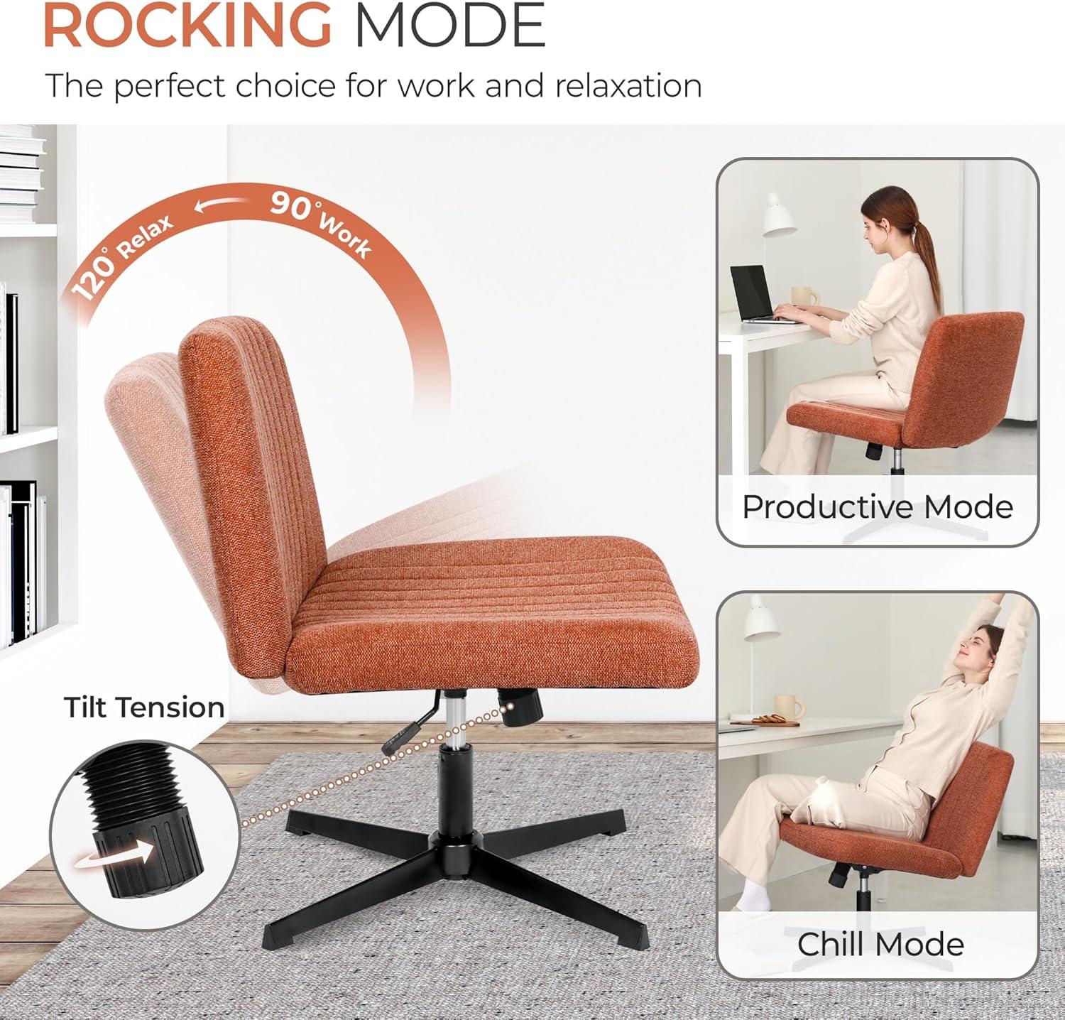 Orange Factory Brown Office Chair, Armless Criss Cross Legged Chair No Wheels, Comfy Home Office Desk Chairs, Adjustable Swivel Padded Fabric Vanity Task Computer Chair