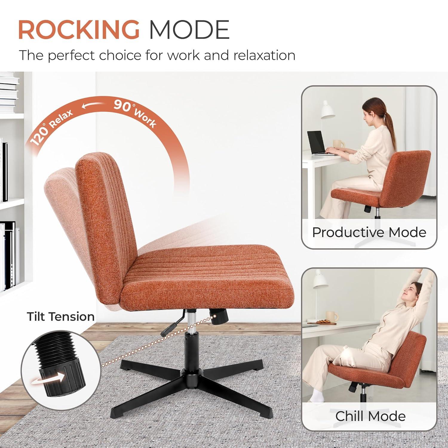 Orange Factory Brown Office Chair, Armless Criss Cross Legged Chair No Wheels, Comfy Home Office Desk Chairs, Adjustable Swivel Padded Fabric Vanity Task Computer Chair