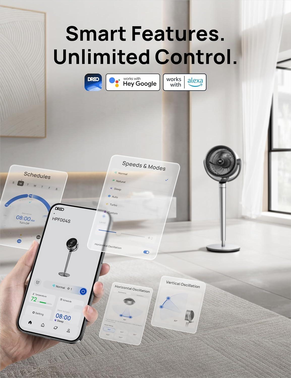 Dreo Oscillating Fan for Bedroom,150°+120° Omni-Directional Quiet Floor Fans with Smart Control, 110ft Pedestal Fan with DC Motor, 9 Speeds, 6 Modes, 43'' Inches, 12H Timer, Wi-Fi/Voice/Alexa