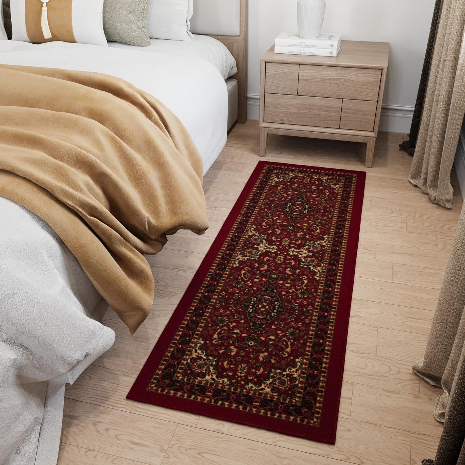 Ottohome Non-Slip Medallion Oriental Area Rug For Living Room, Hallway, Entryway Rug, Dark Red
