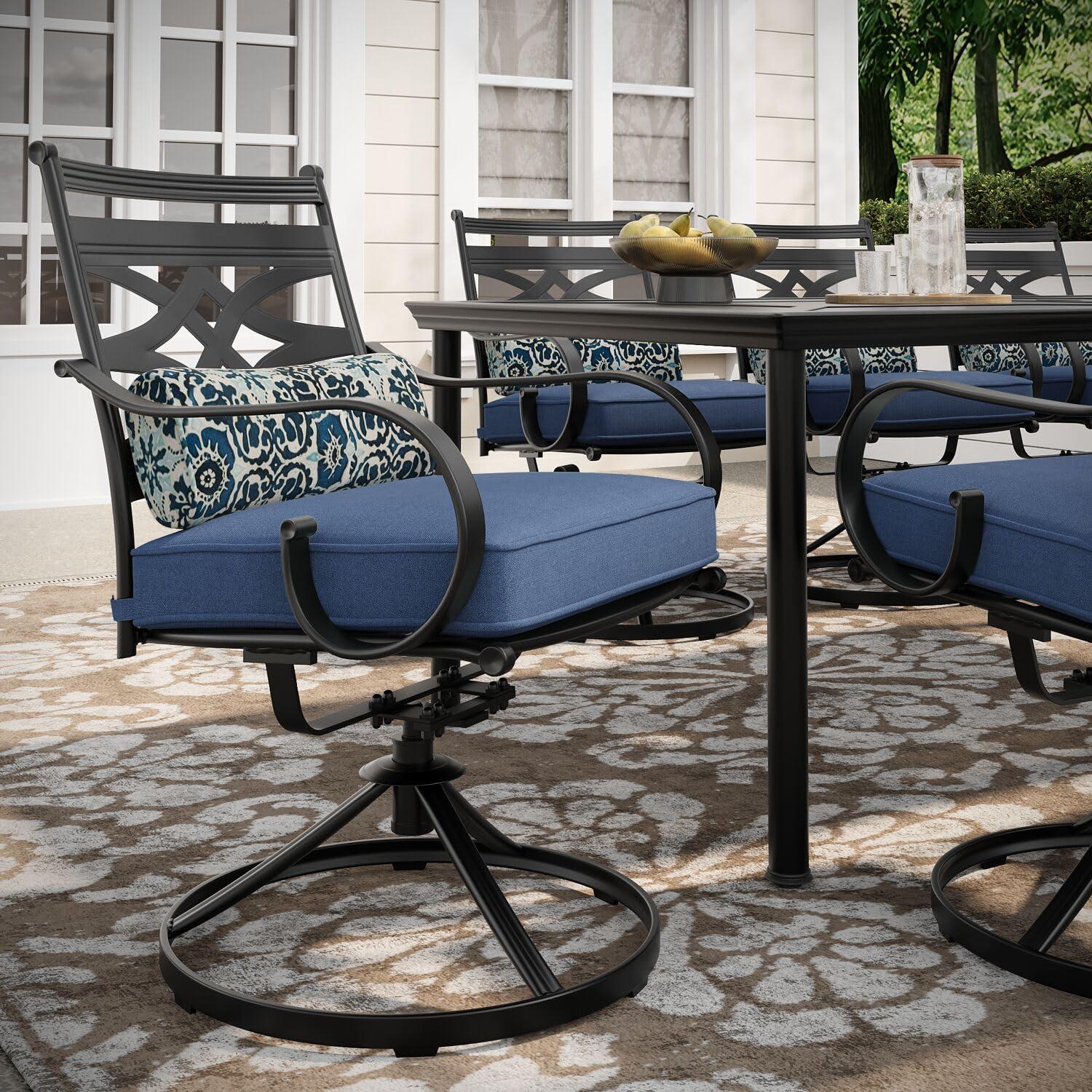 Hanover Montclair 9-Piece All-Weather Outdoor Patio Dining Set, 8 Swivel Rocker Chairs with Comfortable Seat and Lumbar Cushions, 84"x42" Stamped Rectangle Table, MCLRDN9PCSW8-NVY