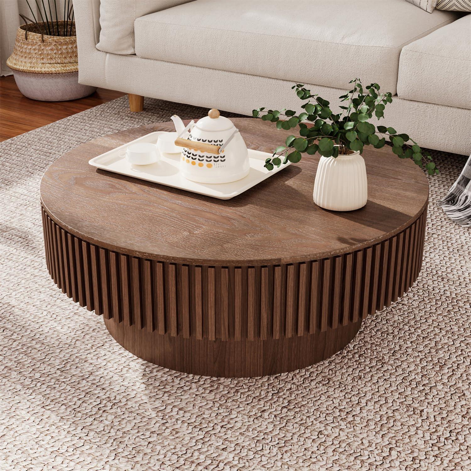 31.5" Round Wood Coffee Table with Storage - Modern Drum Circle Fluted Side Table for Apartment, Office - Easy Assembly, Walnut