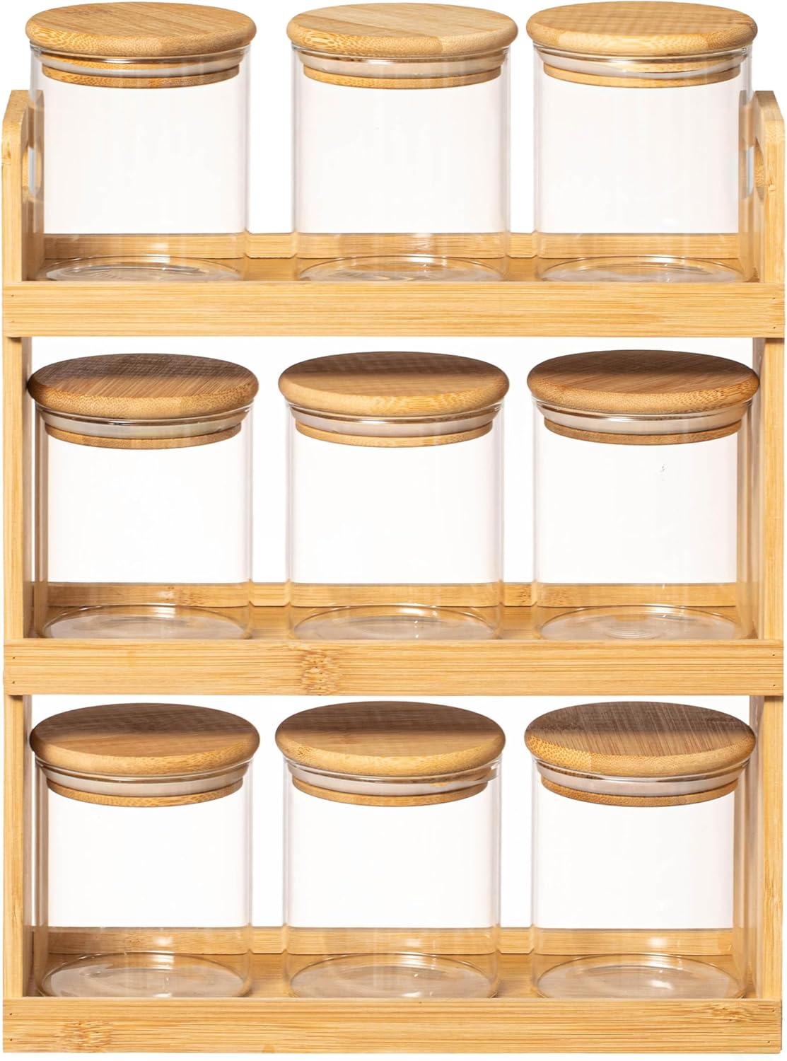Rebrilliant Rebrilliant Versatile 3-tier Bamboo Spice Rack And Pantry Organizer With 9 Glass Jars – Perfect For Countertop Storage In Kitchens To Keep Seasoning Containers Neatly Displayed And Easily Accessible