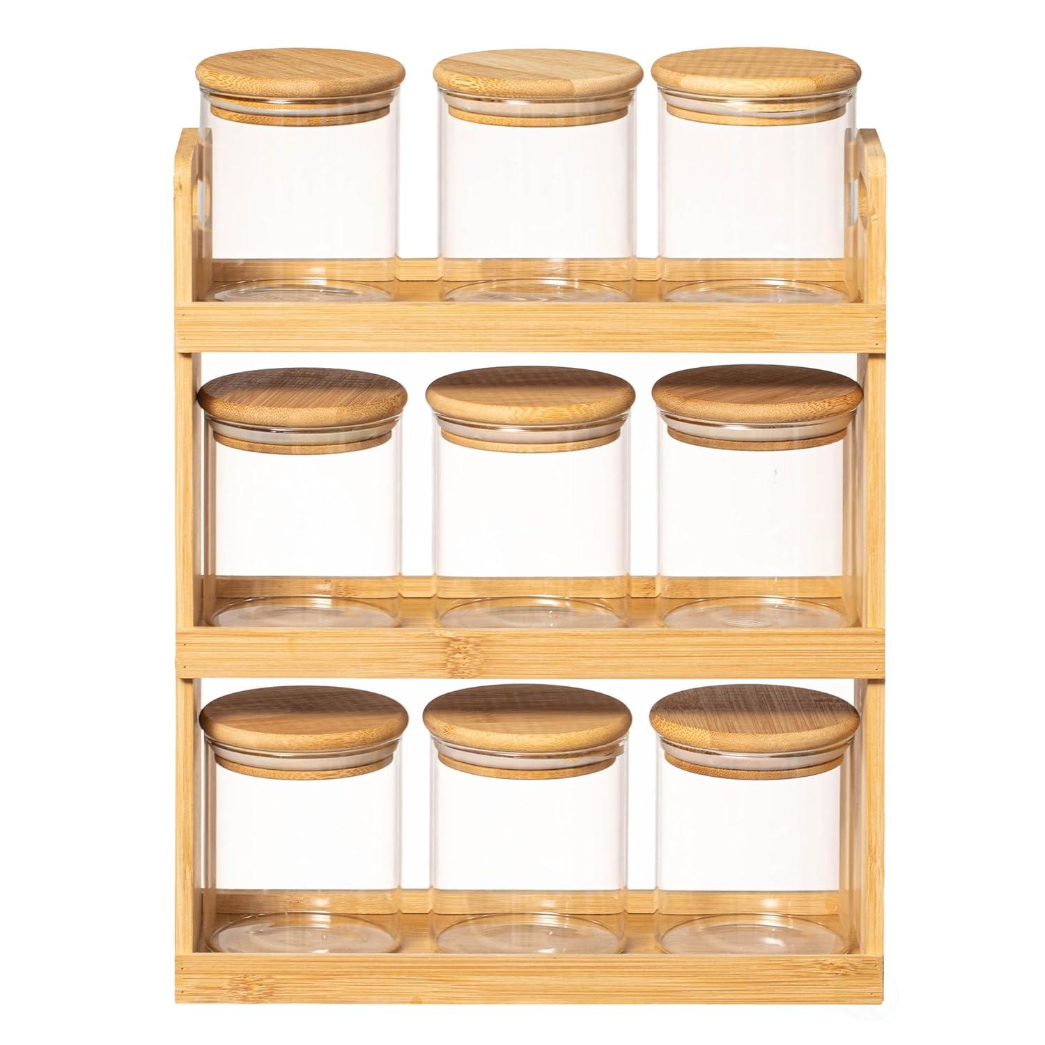 Rebrilliant Rebrilliant Versatile 3-tier Bamboo Spice Rack And Pantry Organizer With 9 Glass Jars – Perfect For Countertop Storage In Kitchens To Keep Seasoning Containers Neatly Displayed And Easily Accessible