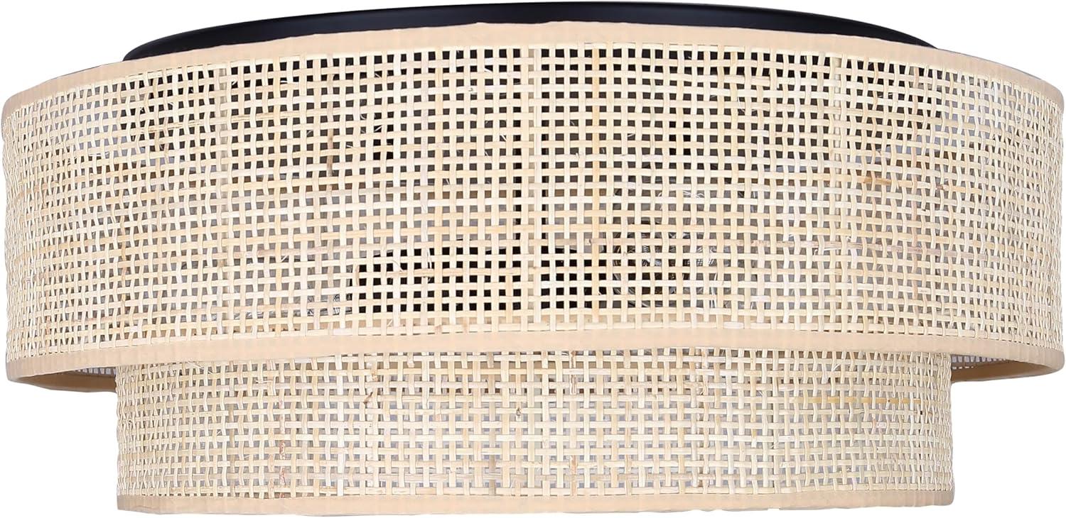 Bellamy 19-Inch 3-Light Flush Mount Ceiling Light – Contemporary Black Finish with Natural Rattan Shade, Warm Lighting for Bedroom, Hallway, or Entryway