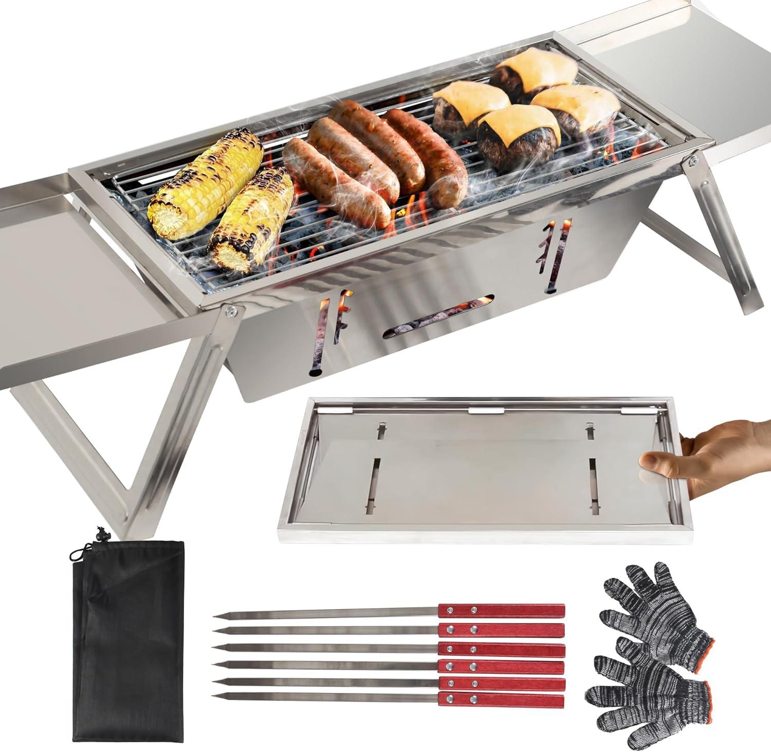 Foldable Stainless Steel Portable Charcoal Grill with Folding Shelves