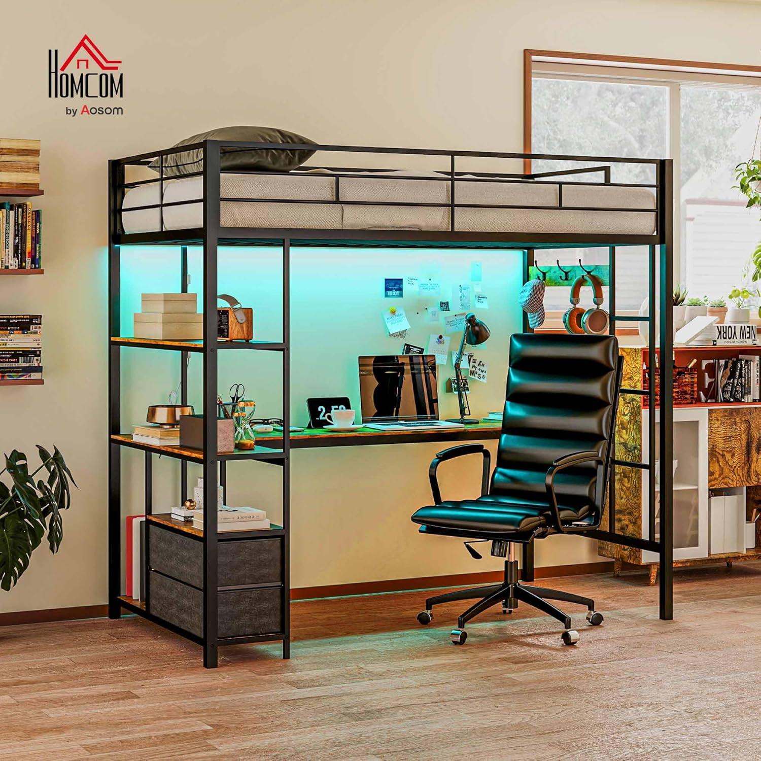 HOMCOM Twin Loft Bed with Desk, LED Lights, Charging Station, Twin Size Metal Loft Bed Frame with Safety Guardrail, Ladder, Noise Free, Black