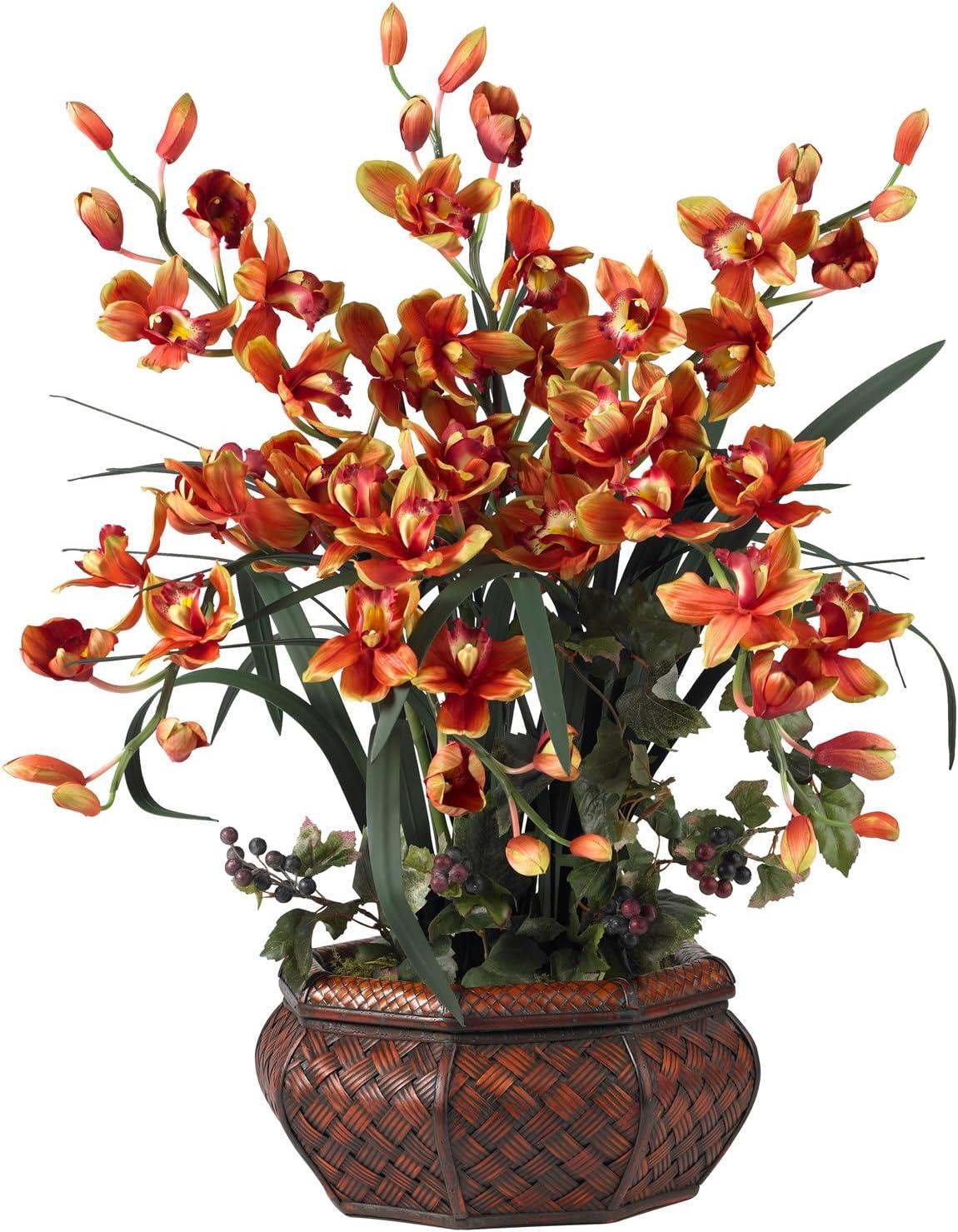 Burgundy Cymbidium Orchid with Lights in Woven Planter