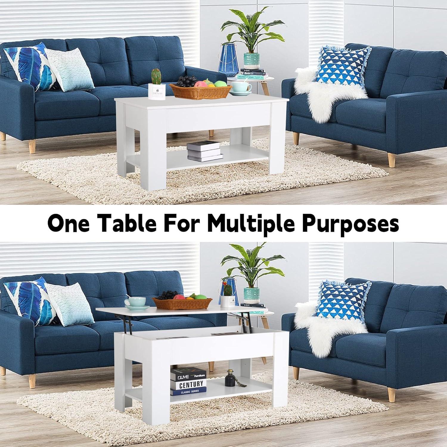 FDW Coffee Tables with Hidden Compartment and Storage Shelf Wooden Lift Tabletop Dining Table for Living Room Home (White)