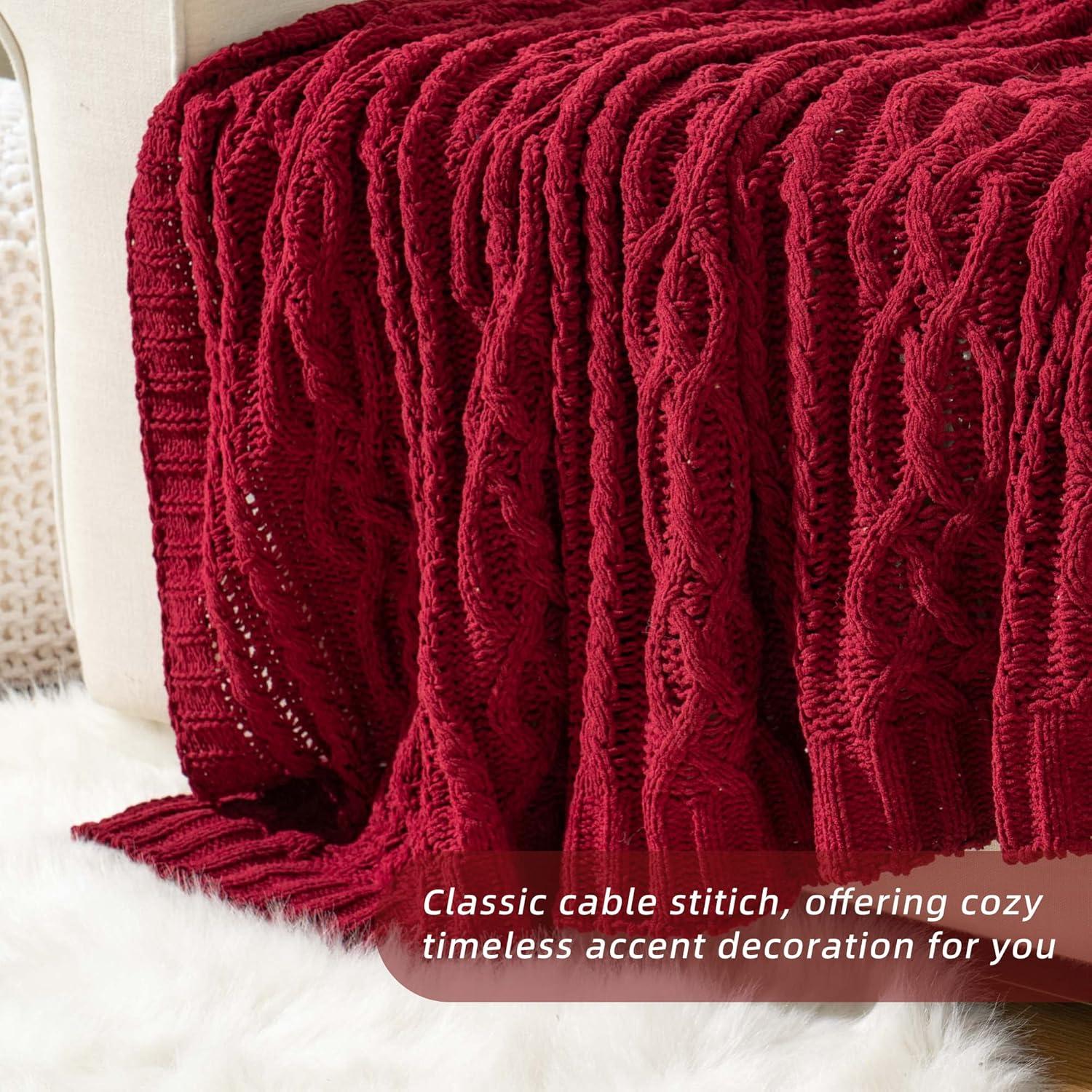 Battilo Dark Red Throw Blanket,Burgundy Cozy Woven Chenille Knit Throw Blankets,Christmas Decor,51"x67"