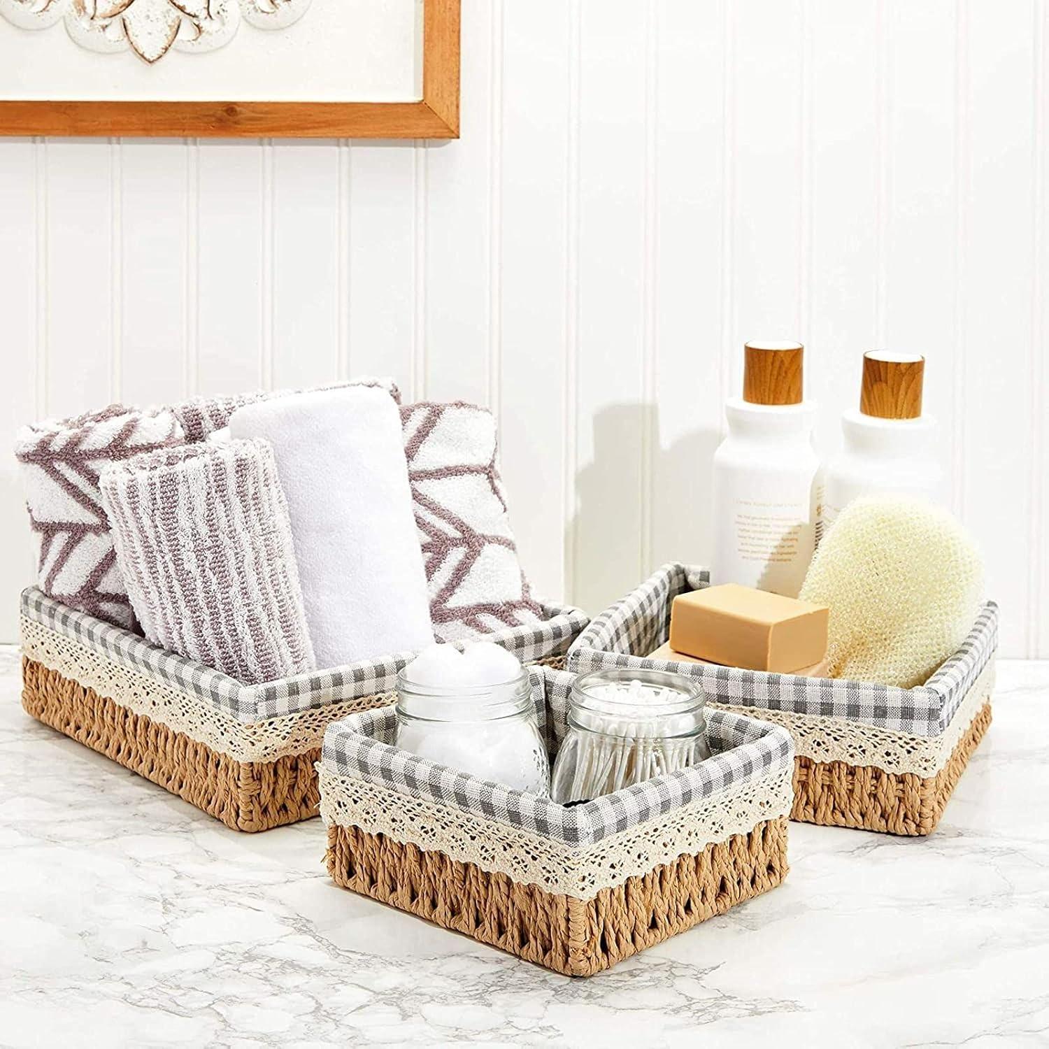 Set of 3 Wicker Storage Baskets with Gingham Liners