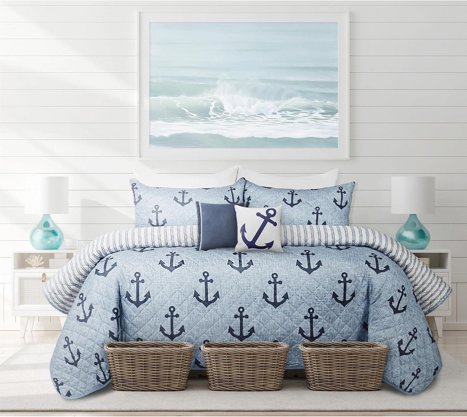 King Blue Anchor Microfiber Quilt Set for All Seasons