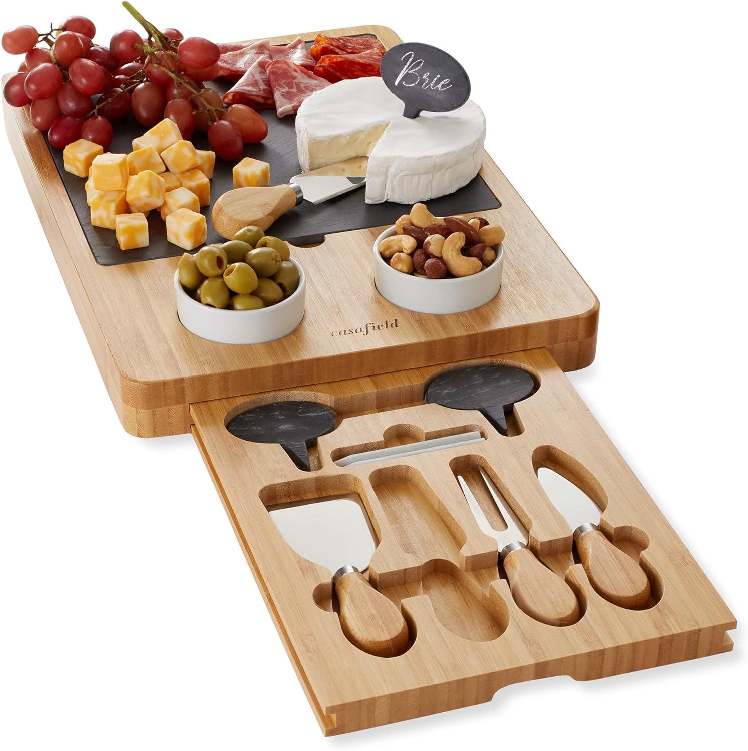 Casafield Bamboo Charcuterie Cheese Board with Slate Cheese Plate, Ceramic Bowls, Stainless Knives, and Cheese Markers