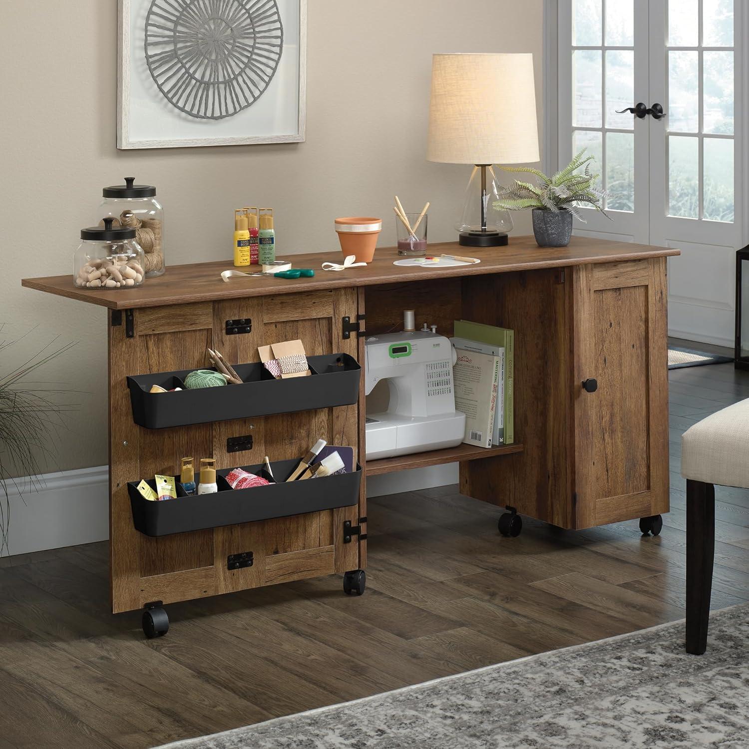 Vintage Oak Finish Rolling Craft and Sewing Cart with Drop Leaf