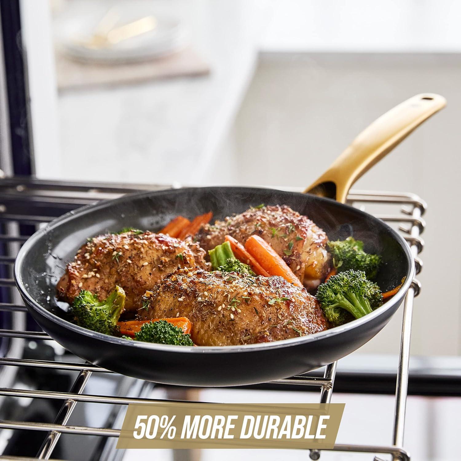 Black Cast Iron Frying Pan with Gold Ceramic Coating Handle